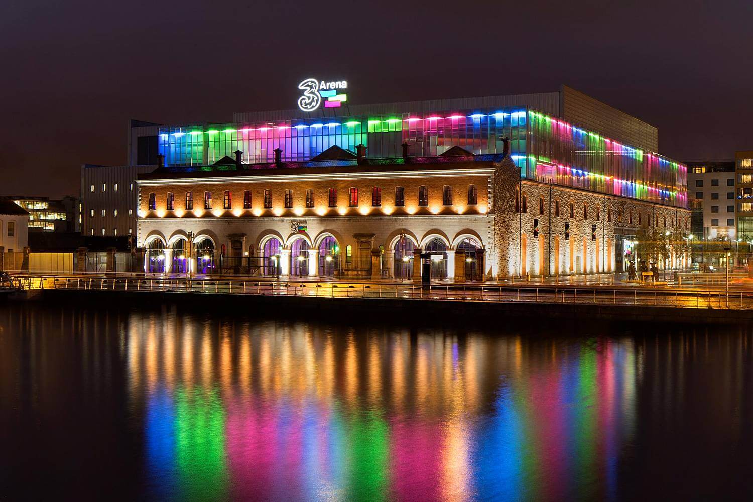 The 3Arena Dublin, colourfully lit up at night